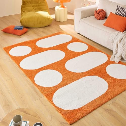 Nazar Teppich Groovy, bunt, Vintage, Retro, geometrisch, Orange, Gelb, Rosa, Rot, flauschig und bequem, Wohnzimmerteppich (381 orange, 80x140 cm)