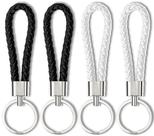 QZKJQDD 4 Stück geflochtener Schlüsselanhänger aus Leder für Auto, Motorrad und Haus (Schwarz, Weiß)