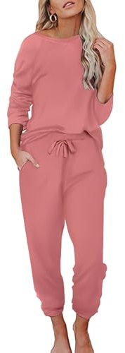 Ekouaer Damen Schlafanzug Lang Weich Pyjama Set mit Taschen Zweiteiler Sleepwear Winter Hausanzug Grau Lila XL