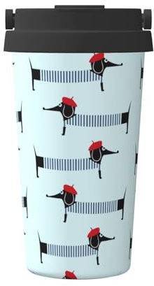 Taza de café aislada de doble capa con estampado de perro salchicha parisino, de acero inoxidable, taza de viaje multifuncional