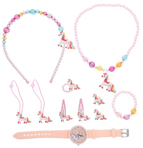 TINEASUR 1 Satz Uhrenset Schmuck zum Anziehen für Kinder Mädchen Anzug Kinder Halskette Mädchenuhren lernuhr Kinder kinderlernuhr Haarschmuck Mädchen sehen Einhörner Uhr Kieselgel Rosa