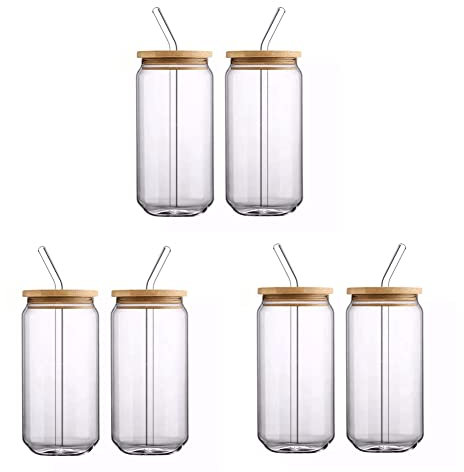 Sunmeit [Juego de 6 Piezas Vasos de Vidrio con Tapas de Bambú y Pajita de Vidrio - Vasos para Beber con Forma de Lata de Cerveza, Vasos para Café Helado de 16 Oz