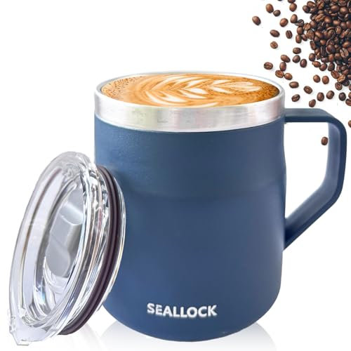 Luoqun88 Coffee Cup, Thermal Insulated Stainless Steel Travel Cup, Travel Mug with Lid & Handle, Thermos Mug- Keeps Cold/Hot for Hours, Reusable Coffee Cup Ideal Present for His Hers (Blue)