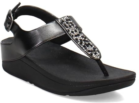 FitFlop Fino Crystal-Mix T-Strap Sandals, Color: All Black, Size: 5 (JJ3-090-030)