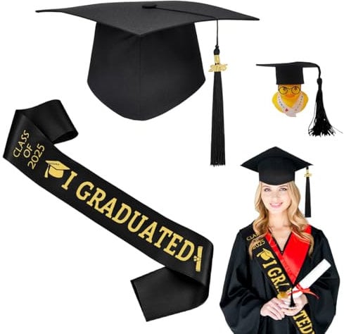XLZJYIJ Doktorhut 2025 Abschluss Hut, Bachelor hut mit Abschluss Schärpe und Mini Graduierung Ente, Schwarz Gold Abschluss Hut & Schärpe, Studienabschluss Kappe Hüte, Graduation Party Deko