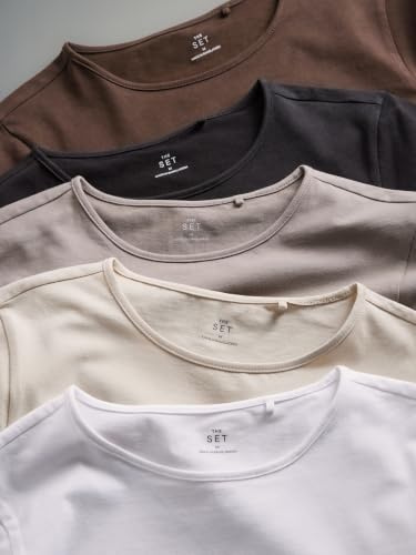 THE SET Damen ck kurzärmelige, körpernahe T-Shirts mit Rundhalsausschnitt Schwarz/Braun/Neutral/Nackt/Weiß L