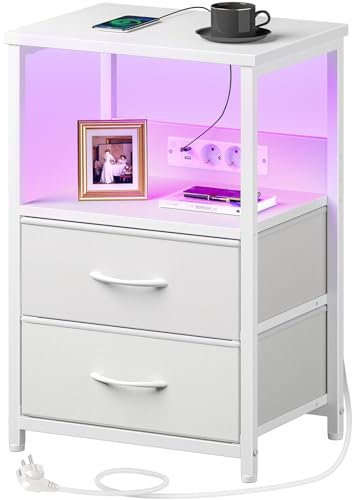 Rolanstar Mesitas de Noche con Función de Carga, Mesillas de Noche Dormitorio con Luces LED, 2 Cajones y 3 Niveles de Almacenamiento, Mesa de Cabeceira para Habitación, Blanco