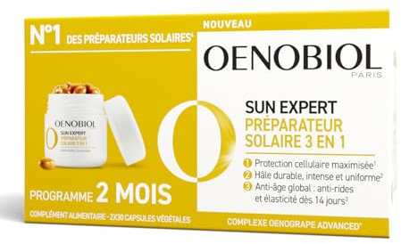 Oenobiol Sun Expert Préparateur Solaire 3-en-1 - Triple Action - Protection Cellulaire - Hâle Intense - Anti-Âge Global - Prouvé Cliniquement - Complément Alimentaire - 2 x 30 Capsules Végétales