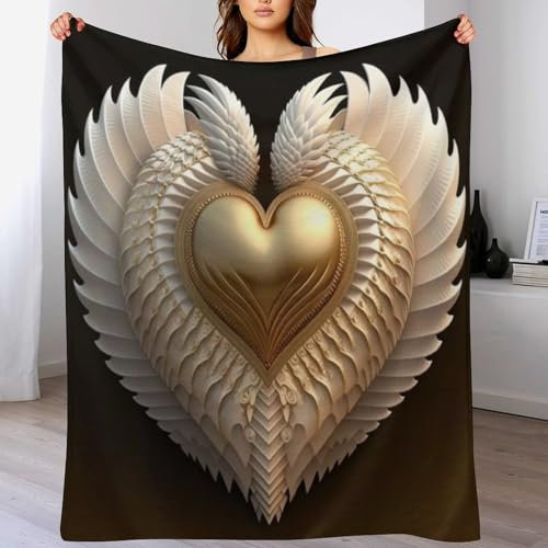 Gold Herz Decke, Warme Decken, Wohndecke, Weich & Komfort Flannel Wolldecke, Sofadecke, Fleecedecke, Tagesdecke （140×180cm）