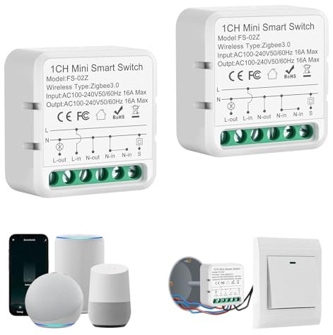 Zigbee Interruptor inteligente, ZigBee Mini Smart Switch 16A, Interruptores inteligentes compatible con Smart Life, Tuya app, Alexa, Neutral Wire Required,100V-240V