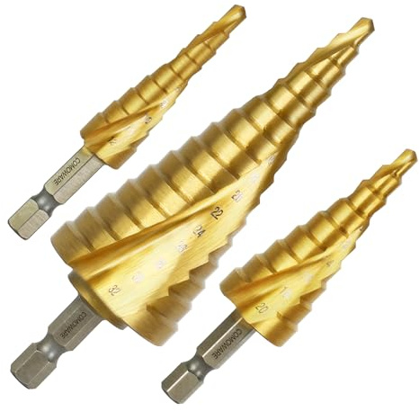 COMOWARE HSS Stufenbohrer Set, 3-tlg Stufenbohrer präzise Spiralnut Kegelbohrer, 4 bis 12/20/32mm Titan-beschichtete Profi Metallbohrer, geeignet für Metall Holz Kunststoff