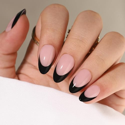 UNA GELLA French Tip Press On Nails Almond Black Press Ons Nails Kit | 16 Sizes - 32 Reusable Soft Gel Fake Nails, Black French Press On Nails Kits with Nail Tips Glue on Nails
