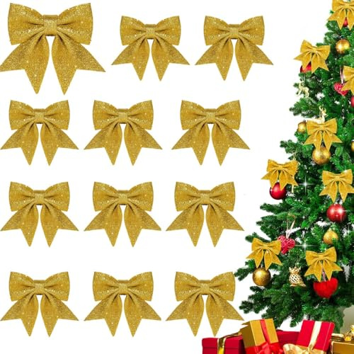Weihnachtsbaum Deko, 12 Stück Gold Glitzer Schleifen Weihnachtsbaum, Weihnachtsbaumschmuck Schleifen, für Zuhause Festival Party Baumkranz Dekorationen