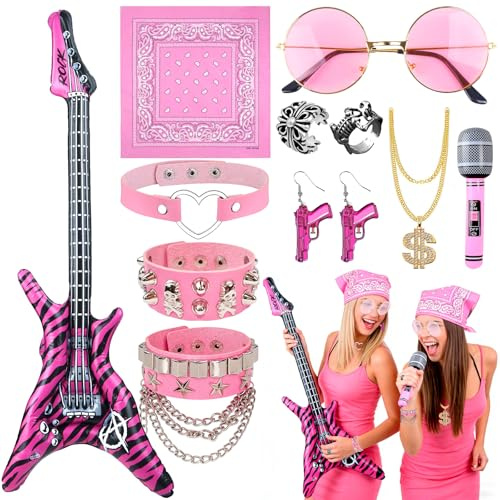 12Pcs Rockstar Fancy Dress, Punk Gothic Rocker Costume Set Heavy Metal Rock Star Accessories with Sunglasses Bandana Collar Bracelet Ring Inflatable Guitar Microphone, Disco Party Carnival Supplies