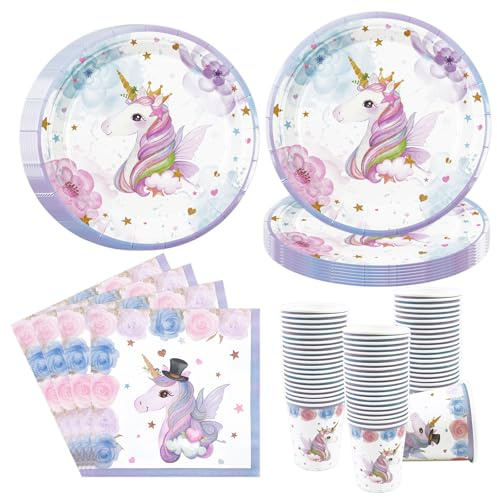 Vajilla de fiesta de oro rosa, 50 unidades, oro rosa y diamante de 9 pulgadas, vasos de papel, servilletas, color rosa claro, cumpleaños, vajilla para fiestas de boda (unicornio A)