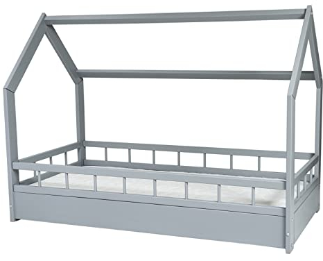 Velinda Kinderbett mit Matratze ECO Hausbett Einzelbett mit Rausfallschutz 160x80cm (Farbe: grau)