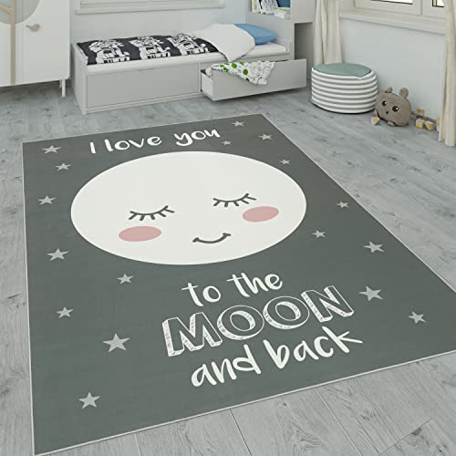 Paco Home Kinderteppich, Kinderzimmer Teppich m. Stern, Mond u. Karo Motiven, Grösse:140x200 cm, Farbe:Grau 2