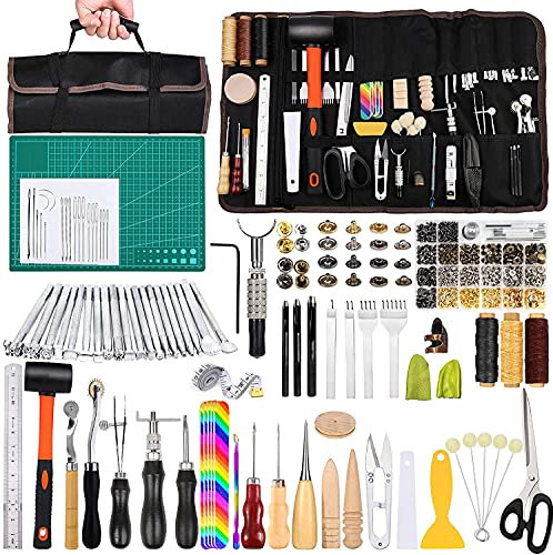 Leather Craft Kits, Leather Working Kit with Manual, Leather Working Tools with Groover, Leather Cutting Tools, Waxed Thread, Awls for Leather Working, Sewing, Leather Craft Making