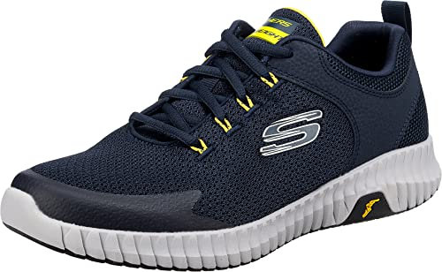 Skechers Men's Elite Flex Prime TAKE Over Walking Shoe, Navy Mesh/Pu/Yellow Trim, 8 UK