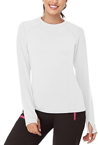 Soneven Thermal Base Layer Top Womens Long Sleeve T Shirts Running Shirt Lightweight Fleece Sports Top for Travel, Hiking, Camping, Skiing, Pure White L