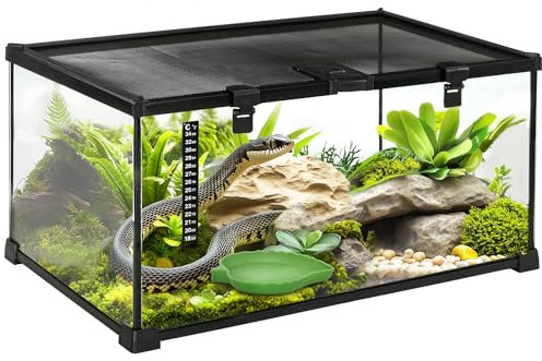 PawHut Glass Reptile Terrarium Insect Breeding Tank Vivarium Habitats with Thermometer for Lizards, Horned Frogs, Snakes, Spiders - Medium 50 x 30 x 25cm