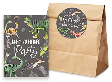 Nastami 10 x Einladungskarten Kindergeburtstag DINOS + 10 Tüten inkl. Sticker Mitgebsel Kindergeburtstag (Dinosaurier)