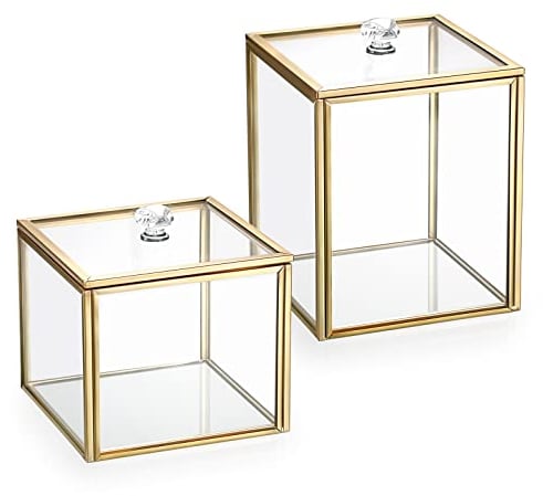 SUMTree 2 PCs Qtip Cotton Ball Holder Gold Glass Qtip Dispenser with Lid, Floss Swab Bathroom Storage Jar Canister with Crystal Handle, Glass Storage Jar for Kitchen Bathroom Dressing Table