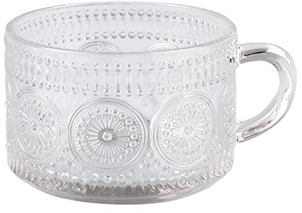 TINAYAUE 400ML Tasse en Verre Empilables Fleur de Soleil Verre à Café avec Poignée Tasse Verre Gaufré Transparent Tasse à Thé Verres à Boire 500ML pour Latte Café Thé Lait Eau