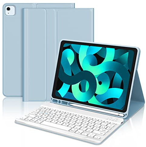 JADEMALL Coque Clavier pour iPad Air 5 2022/Air 4 2020 10.9 Pouces, AZERTY Clavier Bluetooth Magnétique Détachable pour iPad Air 5/4 10.9, Bleu Ciel