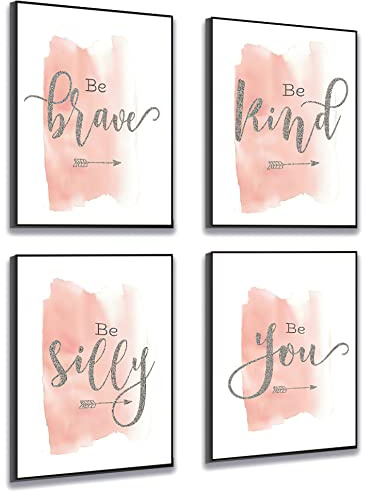Set of 4 Teen Girl Framed Wall Art Canvas Painting Be Brave Inspirational Quotes Print Blush Grey Poster Picture Nordic Girls Bedroom Decor