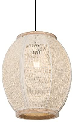 Qazqa Orientalisch Pendelleuchte, Pendellampe - Rob - Weiß, Oval, Holz, 35cm, Ideal als Wohnzimmerlampe