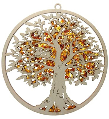Fensterbild Fensterdeko Sonnenfänger Suncatcher Bernstein in Birkenholz Baum mit Eulen Ø 11, inkl. Geschenkverpackung