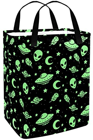 Green Alien UFO Moon großer Wäschekorb, wasserdicht, freistehend, für Kleidung im Wohnheim und in der Familie