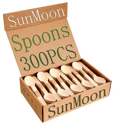 SunMoon Eco Friendly 300 Pack Wooden Spoons Disposable, 16cm Long, Plastic Free Packaging,Substitute for Plastic and Bamboo, Disposable for Parties, Camping, Weddings, Garden