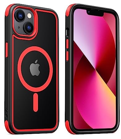 MobNano Coque Magnétique pour iPhone 13/iPhone 14, Compatible avec MagSafe, Hybrid Coque pour iPhone 13/14 avec Color, Protection Antichoc Militaire, Housse Anti Rayures - Noir/Rouge