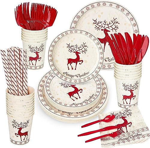 LATERN 200 Piezas Vajilla de Papel para Fiestas Navideñas, 25 x Platos de Comida & Platos de Ensalada, 25 x 270ml Tazas, 25 x Servilletas, 25 x Cuchillo, Tenedor, Cuchara y Pajitas Reutilizables
