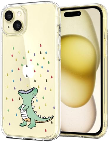 Unov Case Compatible with iPhone 15 Case Clear with Pattern Slim Protective Soft TPU Bumper Embossed Design 6.1 Inch (Rainbow Dinosaur)