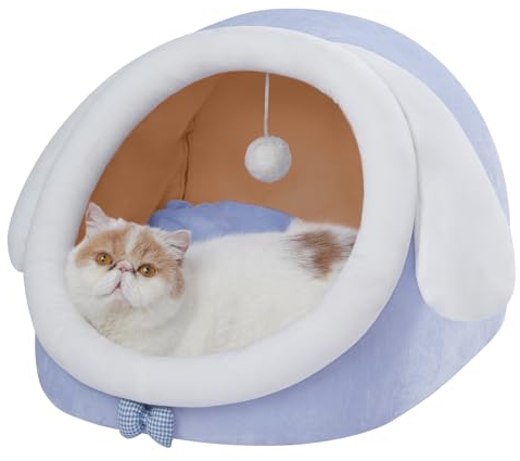 Jiupety Nettes Katzenhöhle, Katzen höhle Katzen bettchen, Katzenbett L (45 cm x 43 cm x 37 cm), Katzenkörbchen mit rutschfestem Boden, Katzenkorb mit Waschbare Abnehmbare Kissen, Blau