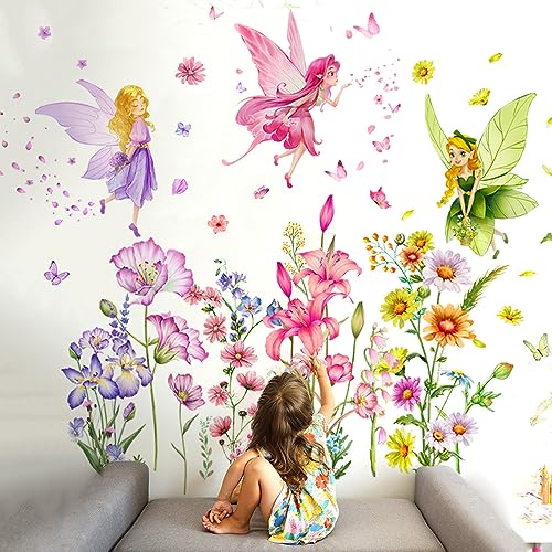 Groß Wandtattoo Blumenfee Wandaufkleber, Mädchen Feen Wandaufkleber Buntes Pflanze Blume Schmetterling Wandkunst Abziehbilder Peel and Stick Wandaufkleber für Schlafzimmer Kinderzimmer