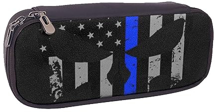 AABSTBFM Schwarzes Federmäppchen aus Leder mit Glitzer-Aufdruck – Mehrzweck-Stifttasche und Make-up-Tasche für Schule, Büro und Reisen, Blau gestreift Sterne Totenkopf, Einheitsgröße, Schulranzen