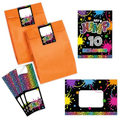 Minkocards 12 Einladungskarten zum 10. Kindergeburtstag Mädchen Jump Trampolin Einladungen zehnte Mädchengeburtstag incl. 12 Umschläge, 12 Partytüten/orange, 12 Aufkleber