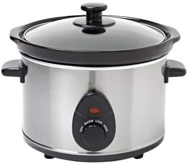 AAMEN Stainless Steel Slow Cooker 2.5L, Kitchen-Programmable, Tempered Glass Lid & Removable Ceramic-Bowl, 3 Heat Settings Gift
