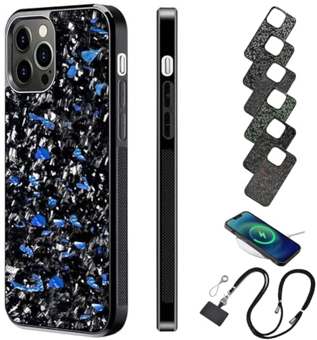 Forged Carbon Fiber Phone Case, Stealth Carbon Fiber Phone Case for iPhone 15 14 13 12 Pro Max, Carbon Fiber Phone Case Support Wireless Charging (Blue,15 promax)