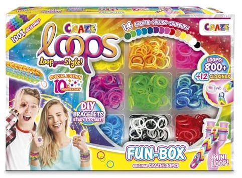 CRAZE loops FUN BOX - Loom Bänder Set mit 800 Gummibänder, Verschlüsse und Helfer - Halsketten, Ringe und Armbänder selber machen, Farbenmix