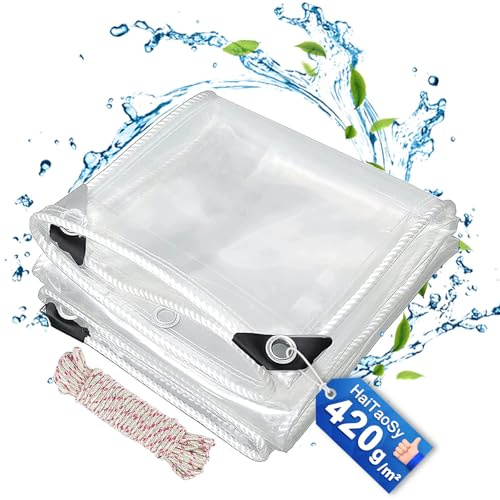 Telone Trasparente Antipolvere con Occhielli 3x4m, 420g/m² in PVC Impermeabile, Telone Trasparente per Esterni, Telone Premium con Cordino, per Mobili da Giardino, Piante, Gazebo, Balcone