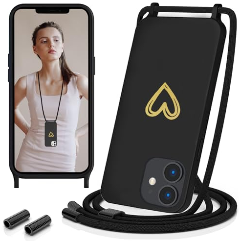 DSOIYIC Handykette für iPhone 12 / iPhone 12 Pro Hülle mit Band, Necklace Silikon Handyhülle mit Kette und Abnehmbar Kordel zum Umhängen, Golden Herz Muster Schutzhülle Stoßfeste Bumper 6,1- Schwarz