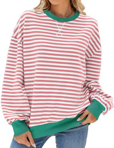 FEOYA Sweatshirt surdimensionné Femmes Poignets élastiques Chemises Pull-Over décontracté décontracté Chemises rayées à col Ras du Cou avec Couture soignée pour Femmes Rose Blanc M