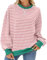 FEOYA Sweatshirt surdimensionné Femmes Poignets élastiques Chemises Pull-Over décontracté décontracté Chemises rayées à col Ras du Cou avec Couture soignée pour Femmes Rose Blanc M