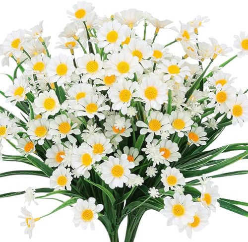 4 fasci di margherite artificiali bouquet di margherite in plastica resistente ai raggi UV, fiori finti realistici, piante floreali per esterni, composizione floreale finta per fioriera portico bianco