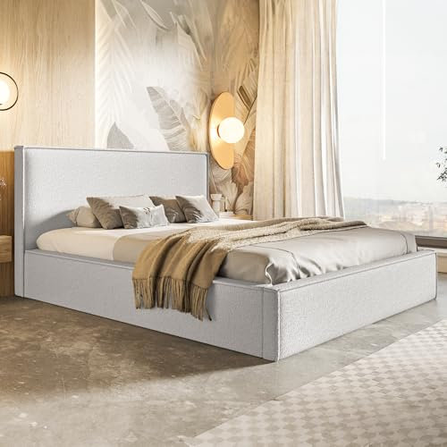 MOTIVENA Boho Polsterbett 120x200 mit Bettkasten, mit Stauraum, Bett Kopfteil Boucle, ohne Matratze, Bett Boucle, Weiß Milch